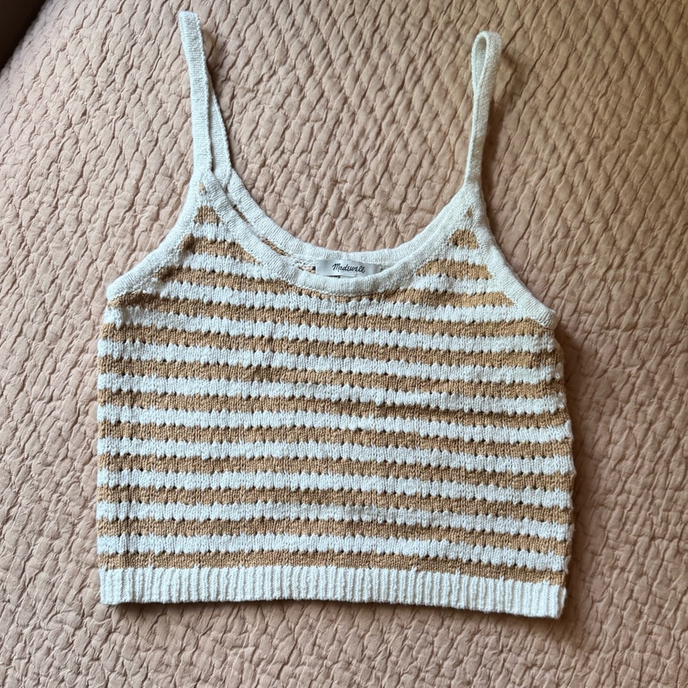Madewell Striped Open Stitch Sweater, 100% Cotton, White & Tan Crop Tank Top, M